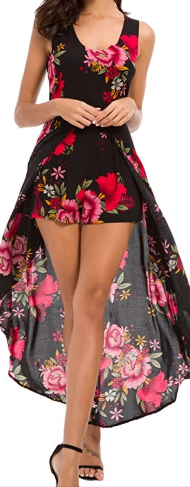 Sleeveless Scoop Neck Floral Rayon Party Split Maxi Romper Dress